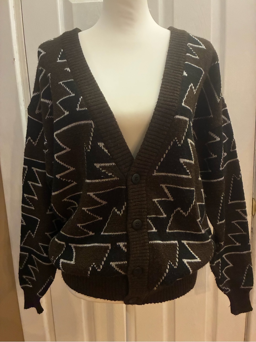 Vintage 80s Le Tigre Geometric Knit Cardigan Sweater Brown ZigZag Grandpacore M